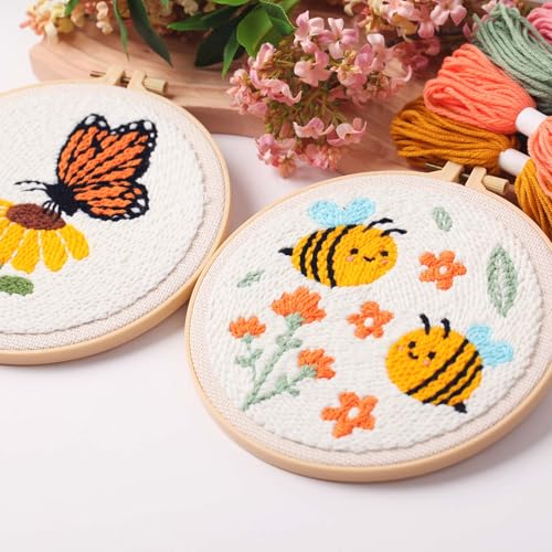 Image of 3Sets Punch Needle Kit for Adults Beginners,Bee & Butterfly Flowers Embroidery Kit,Includes Punch Needle Tool, Embroidery Hoop, Yarn,Fabric,Supplies, DIY Art & Crafts for Women & Girls