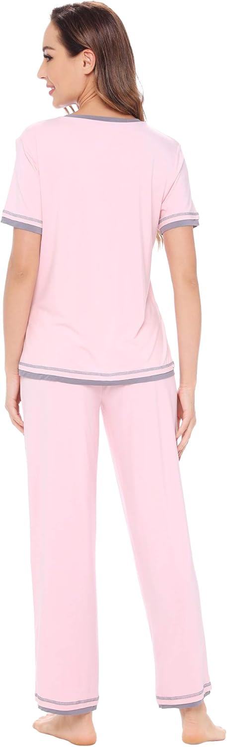 WiWi Womens Viscose from Bamboo Pajamas Set Short Sleeve Top with Pants Pjs Soft V Neck Sleepwear Lightweight Loungewear S-3X - Image 2