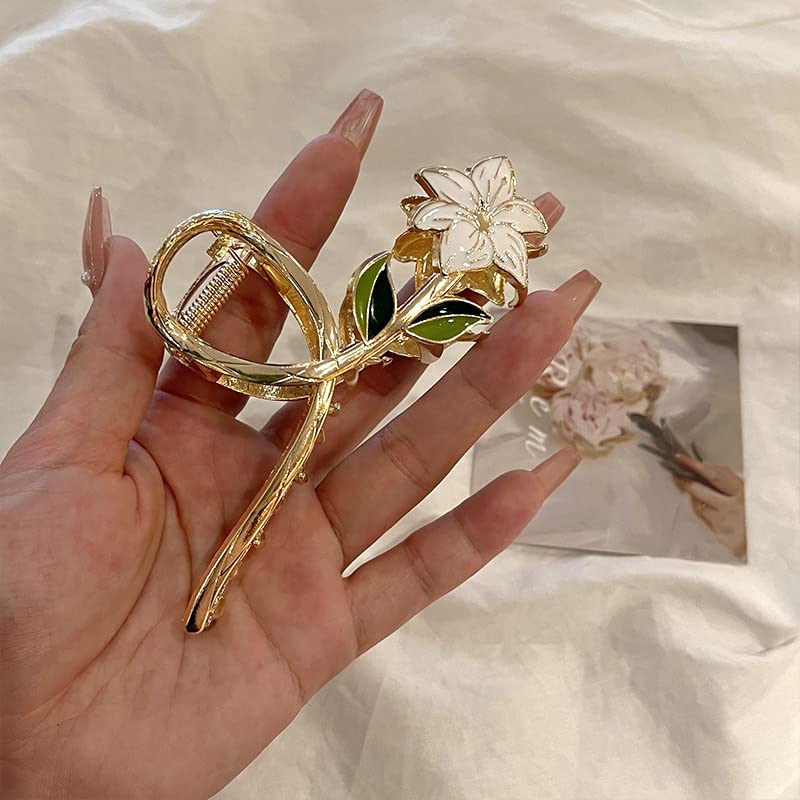 White Lily Metal Hair Claw Clips, Large Hair Claw Nonslip Hair Barrettes Non-Slip No Broken Strong Hold Hair Clamps Fashion Hair Accessories for Woman and Girls With Long Thick Thin Curly Hair - Image 2