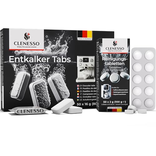CLENESSO Pflegeset Reinigungstabletten für Kaffeevollautomaten + Entkalkungstabletten (je 50 Stück) – für optimale Pflege und Entkalkung – kompatibel mit Siemens, Jura, Krups, Miele uvm. CLENESSO Pflegeset Reinigungstabletten für Kaffeevollautomaten + Entkalkungstabletten (je 50 Stück) – für optimale Pflege und Entkalkung – kompatibel mit Siemens, Jura, Krups, Miele uvm.