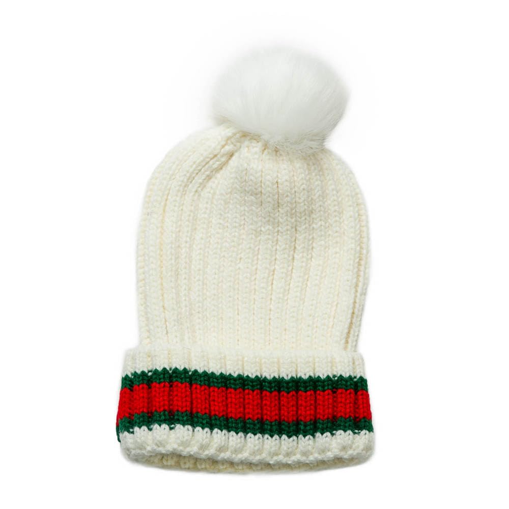 Taryn Red & Green Striped Knit Beanie & Fingerless Gloves 2 PC Set (White)