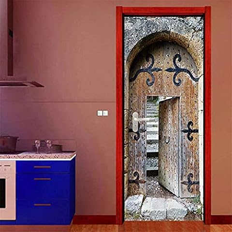 CUUDBP 3D Door Stickers for Bedrooms 77X200Cm Vintage Arched Wooden Door Modern Art Door Mural Removable Self Adhesive Vinyl Door Decals Poster Sticker Wallpaper for Kids Bedroom Home Decoration Cover