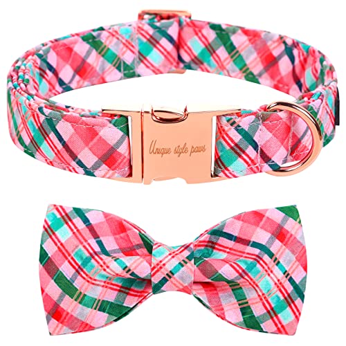 Unique style paws Dog Collar with Bow Pink & Green Plaid Dog Collar Best Gifts for Small Medium Large Dogs -M