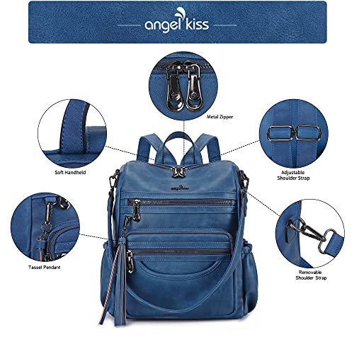 Angel Kiss Women Bags Backpack Purse Pu Leather Zipper Bags Casual Backpacks Shoulder Bags (Dk8532#K273#6River Blue) #TOP3