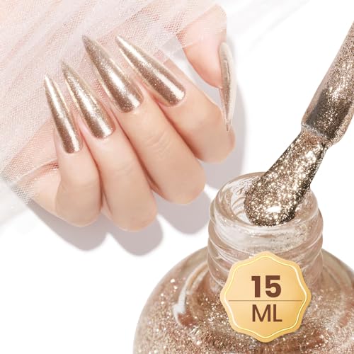 MIZHSE Vernis à Ongles à Paillettes Doré Holographique Ne contient pas de TPO - Shining Shine Nail Art - Séchage Rapide - Longue Durée - 15 ml