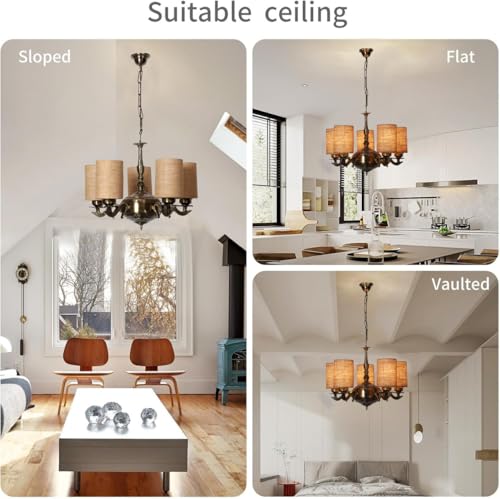 Image of Devansh 05 Lights Beige Jute Round Shade with Antique Golden Chandelier