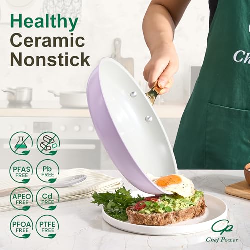 Chef Power Ceramic Cookware Sets, 10Pcs Pots and Pans Set Non Stick, Cookware Set with Stainless Steel Handle, Dishwasher & Oven Safe, Light Purple and Granite Grey - image 3