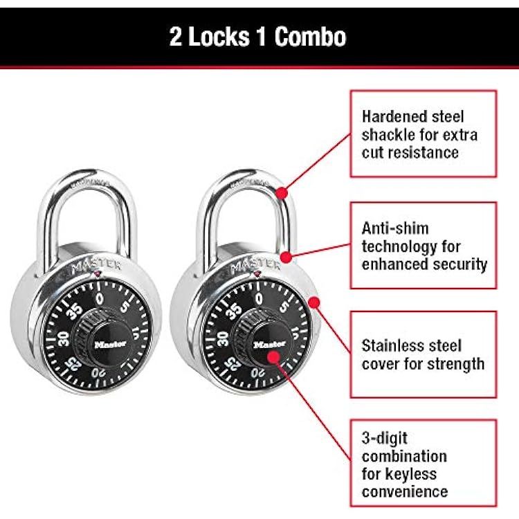 Master Lock Black Gym Locker Lock Combination Padlock, Indoor Combo Lock with Preset 3-Digit Code for Cabinets, Storage, 2 Pack, 1500T