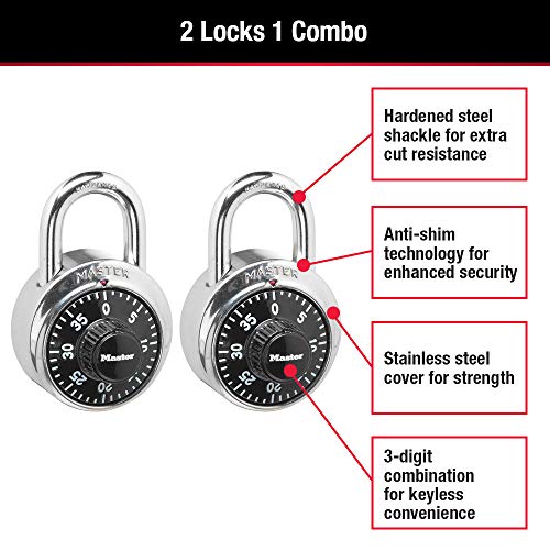 Master Lock Black Gym Locker Lock Combination Padlock, Indoor Combo Lock with Preset 3-Digit Code for Cabinets, Storage, 2 Pack, 1500T by Master Lock - Image 2