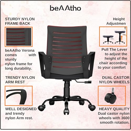Image of beAAtho Verona Mesh Mid Back Ergonomic Home Office Chair with 3-Years Limited Warranty, Tilting & Height Adjustable Mechanism, Heavy Duty Metal Base Ideal for Office Work & Study (Red)