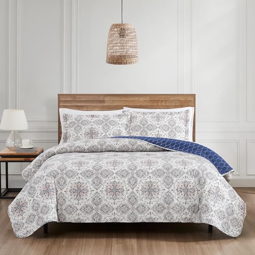 Image of Modern Threads Soren 3-Piece Multicolor Medallion Quilt Set, Soft Lightweight Cotton Bedspread with Reversible Design and 2 Pillow Shams, Bohemian Blue, King