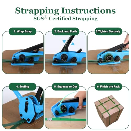 Image of Banding Strapping Kit, Pallet Strapping Kit, Packaging Banding Tool with 5 /8 inch Width, 1000' Length Polyester Strapping Coil Roll and Dispenser Box - Heavy Duty Certified 1200 lbs Break