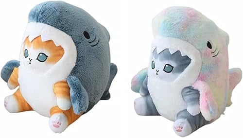 Peluche de gato de tiburón de 8 pulgadas, muñeco de peluche de gato de camarón frito, regalo para niños (azul dorado + gris colorido)