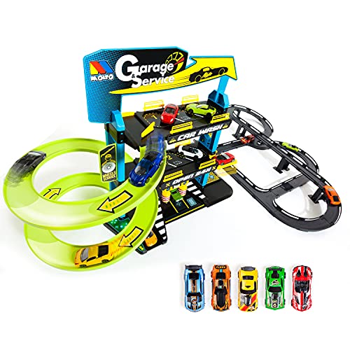 MOLTO | Parcheggio per bambini a 3 piani con accessori e pista esterna, Parcheggio per auto giocattolo, pista per auto giocattolo, giocattoli per bambini + 3 anni, auto da garage