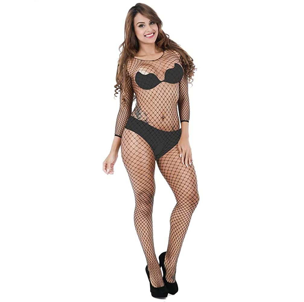 Moira Women's Polymide and Elastane Checkered Full Length Net Body Stocking Lace Free Size Black