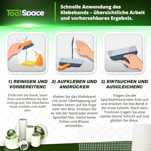 ToolSpace Glasfaserband Gewebeband EXTRA STARK Selbstklebend Glasfasergewebe Spachtelnetz 10cm x 20m Fugenband Fiberglass Rissbrucke Füllen von Rissen Reparieren Fugen Armierungsgewebe Armierungsband