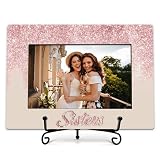 BXVRT Sister Photo Frame Gifts, Long Distance Friendship Frames For Women, Pink Glitter Wooden Picture Frame With Stand, Birthday Graduation Christmas Gifts For Sisters Besties Friends -01