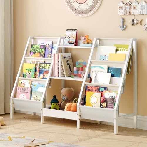 MAHANCRIS Kids Bookshelf and Toy Organizer, 3-Tier Bookshelf for Kids, Sturdy Kids Bookcase with Storage, Toddler Book Shelf for Kids Room, Playroom, Bedroom, Nursery, White BKWT34201