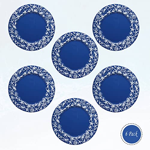 Spsyrine Baroque Navy Blue And White Charger Plates, Set Of 6 Plastic Chargers For Dinner Plates, 13" Ocean Style Nautical Beach Charger Plates, Round Chargers For Holiday Party, Wedding #TOP1