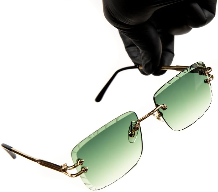 Street Knitted Stylish Luxury Green Tint Gem Cut Lens Unisex Square Rimless Retro 90's Hip Hop Gold Wire Frame Sun Glasses Frameless Rectangle Summer Shades Sunglasses For Men And Women - Image 6