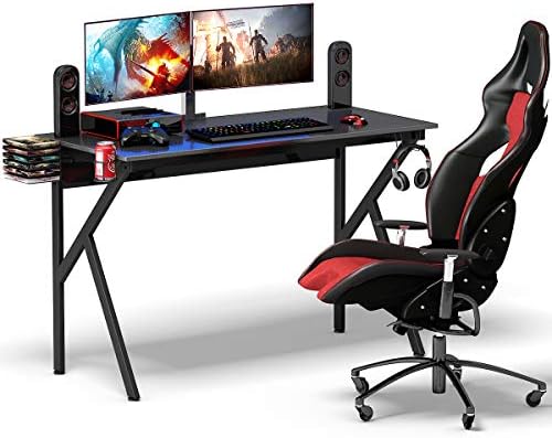 COSTWAY Gaming Computer Desk with Monitor Shelf, Audio Stand, Cup Holder and Headphone Hook, K-Shaped Adjustable Ergonomic PC Racing Table Study Workstation for Home Office
