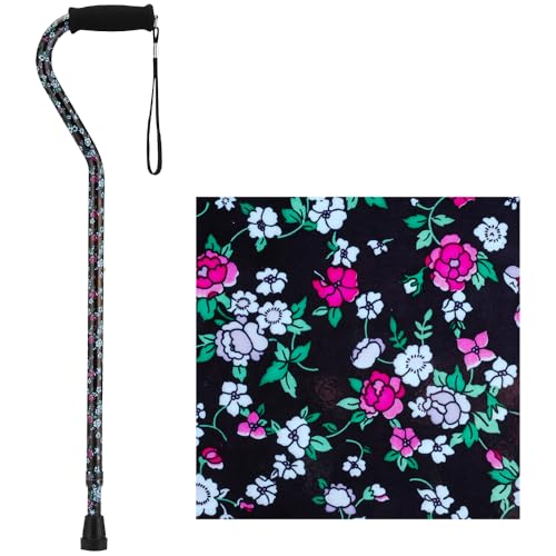 NOVA Designer Walking Cane with Offset Handle, Lightweight Adjustable Cane with Carrying Strap, Cane for Men and Women, Walking Canes for Balance,Black with Pink and Blue Flowers Design