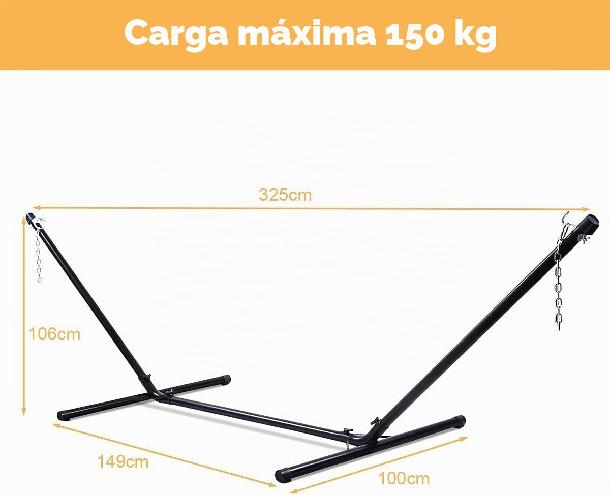 GOPLUS Soporte de Hamaca Universal portátil, Carga máxima 150 KG Material de Hierro, Resistente con Cadena para Colgar, Negro para jardín Camping Balcón, 325 x 100 x 106 CM