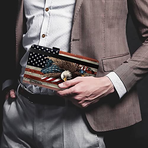 Image of FUYOCWE Checkbook Covers for Personal Checkbook,RFID Blocking Leather Check Book Covers Wallet with Pen Holder & Card Slot for Women Men, Bald Eagle with Flag, 8 x 7.3 inches, Classic