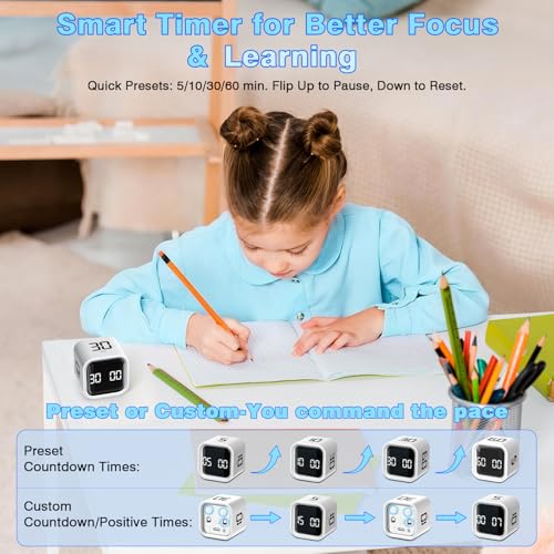 Image of Cube Pomodoro Timer, Smart Productivity Timer 5 /10 /30 /60 Minutes & Custom Countdown, Pause & Resume, Adjustable & Silent Visual Timer, Portable Rotation Multi Desk Timer for Study Task Work Kitchen