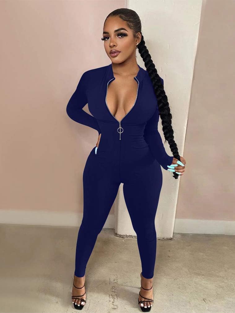 LAGSHIAN Women's Sexy Casual Long Sleeve V Neck Zipper One Piece Bodycon Jumpsuit - Image 6