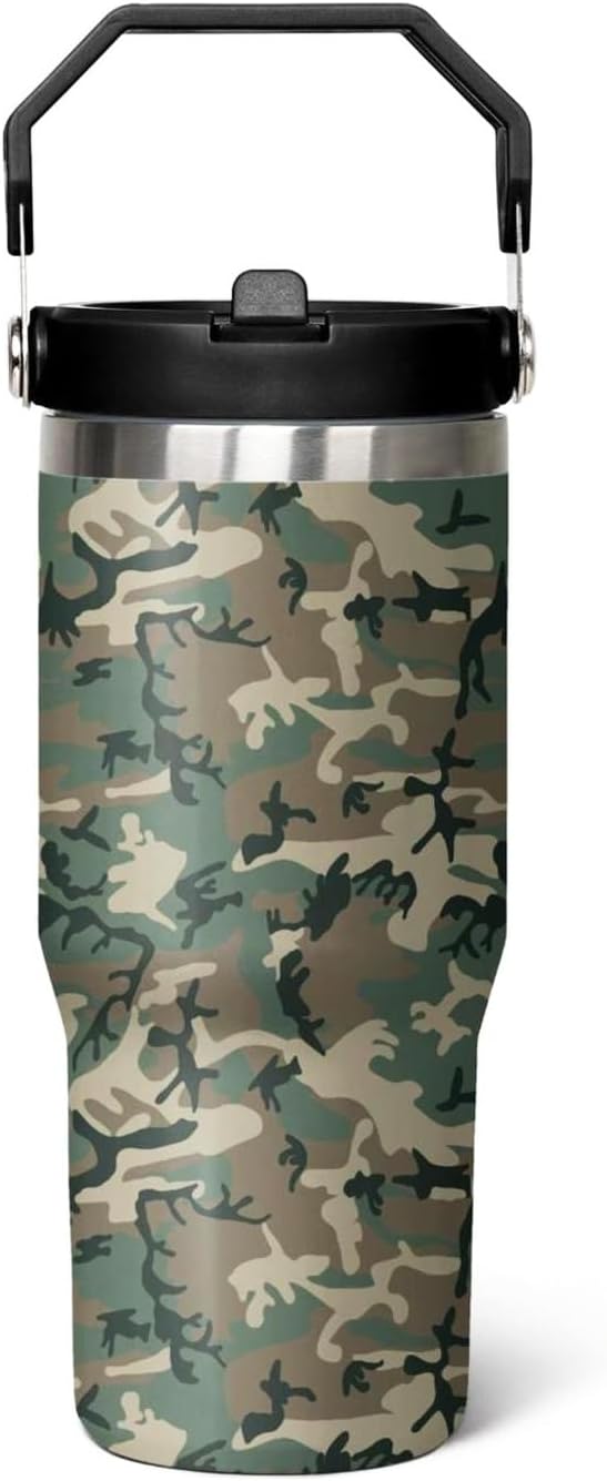 qwpmvhsak Camo Leakproof Tumbler with Handle Lid and Straw, Hunting Gifts for Men Women,30 oz Camo Flip Tumbler Travel Coffee Cup Mug Water Botter