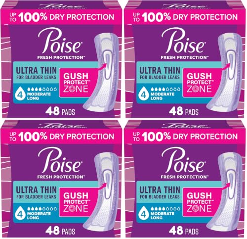 Image of Poise Ultra Thin Incontinence & Postpartum Pads for Bladder Leaks, 4 Drop Moderate Absorbency, Long Length, 48 Count (Packaging May Vary) (Pack of 4)