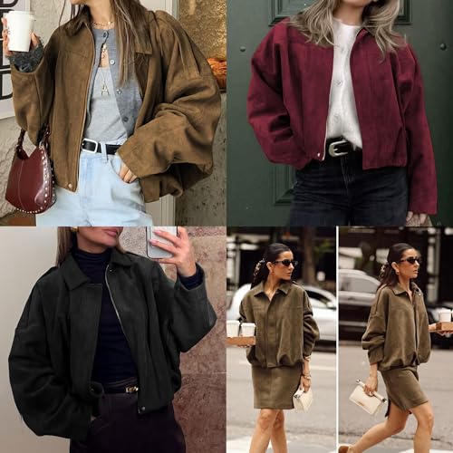 Xunger Women's Faux Suede Bomber Jacket Spring Lapel Pilot Coat Casual Oversized Long Sleeves Trendy Streetwear Outerwear3