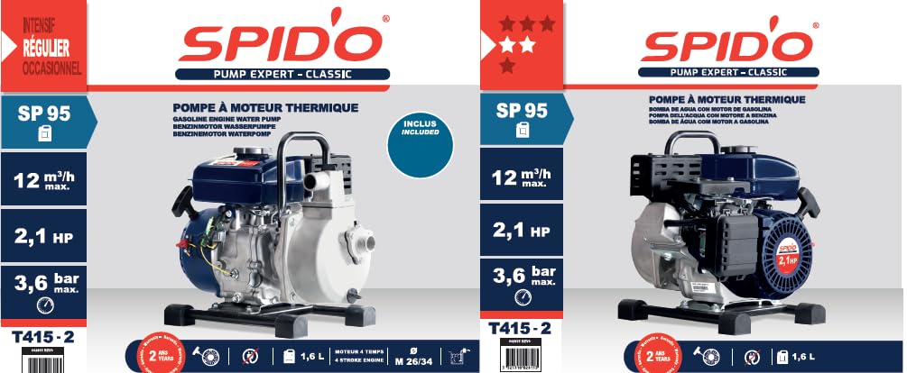 SPID'O - Motobomba Gasolina T415 2,1 CV - 12 m3/h - 3,6 bar - Bomba de Agua Autónoma con Kit Aspiración 5 m