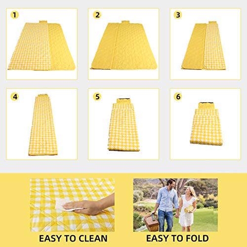 Lahawaha Extra Large Picnic Blankets, 80\'\'x80\'\' Washable Waterproof Foldable Oversized Picnic Mat Blanket for Beach, Camping On Grass (Yellow and White). - Thumbnail 5