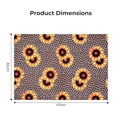 Image of Dining Table Mats Set of 4 - Sunflower Animal Print Theme,Digital Print, Washable, Indoor /Outdoor, Heat-Proof, Wipe & Clean (47X33 cm) Yellow & Brown
