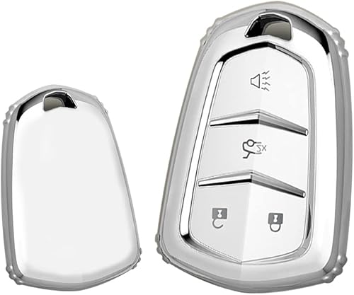 Miniatura 3 de ontto Funda para llave de automóvil Cadillac de 4 botones, piel de TPU suave con borde plateado para Escalade CTS SRX XT5 ATS brillante a distancia