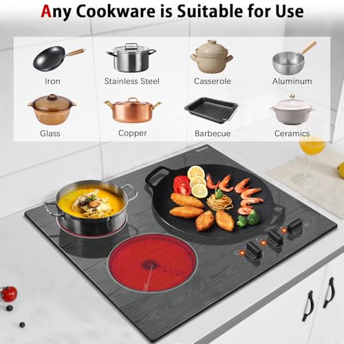 Image of Karinear 24'' Electric Cooktop 3 Burners Ceramic Cooktop,Built-in Electric Stove Top with Beautiful Wooden Pattern, Knob Control, Over-Temperature Protection, 220-240v, 5700W, Hard Wire (No Plug)