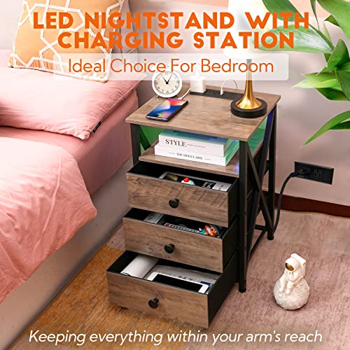 Amhancible Led Nightstand With Wireless Charging Station, Modern End Side Table With Usb Port & Power Outlet, Bedside Table With Fabric Storage Drawers For Bedroom, Living Room, Greige #TOP5