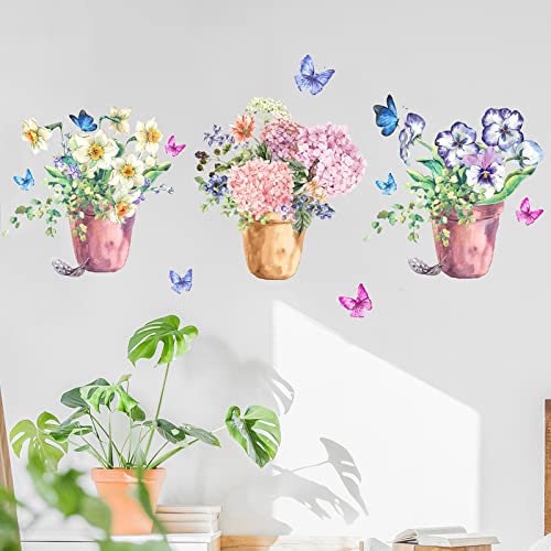 Maydahui Colorful Butterflies Flower Pots Wall Decals,(40In W X 16In H) Watercolor Floral Bonsai Wall Stickers,Peel And Stick Removable Garden Flower Wall Stickers,Diy Plants Art Decor Murals For Kitchen Living Room Girls Kids Bedroom Porch Background #TOP2