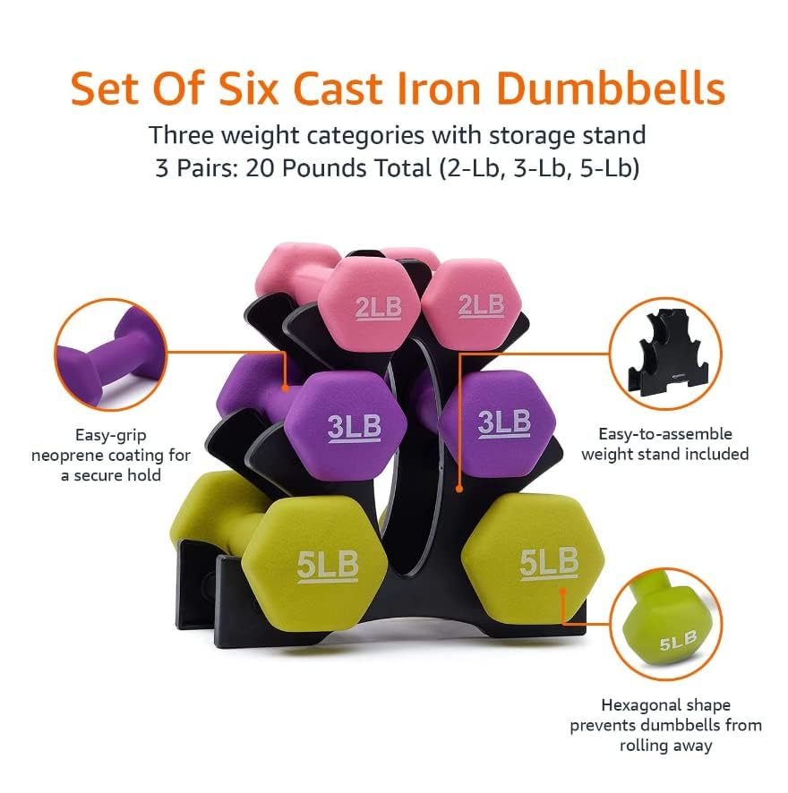 Image of KAKSS Neoprene Workout Fixed Weight Dumbbell(Proudly Made In India) (20-Pound Total - 3 Pairs(2Lb,3Lb,5Lb) With Stand)