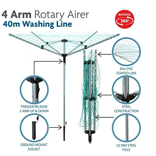 Heavy Duty Rotary Arm Airer Garden Cloth Steel Dryer Ground Spike Washing Line Easy To Use Space Saving (1585 – 40m airer with 4 arms) - Image 2