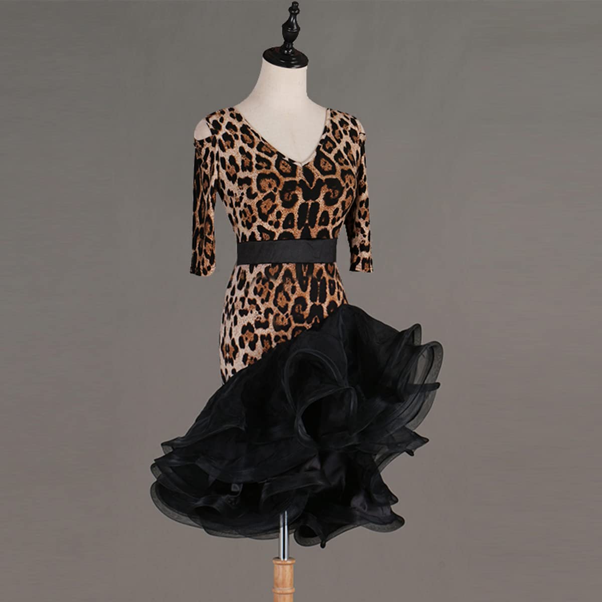 Damen Leopard Latin Dance Kleider V-Ausschnitt Backless Latin Competition Dress Ballroom Salsa Samba Cha Cha Rock Walzer Performance Kleid Foxtrot Praxisrock