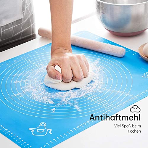 Foto von LandJoy Backmatten Silikon,2 Pcs Groß Antihafte Rutschfeste Backunterlage,Arbeitsmatte mit Messung,Teigmatte für Fondant Gebäck Matte mit Teigschaber,Teigkarte und Backpinsel（Blau 70*50,Rosa 50*40)