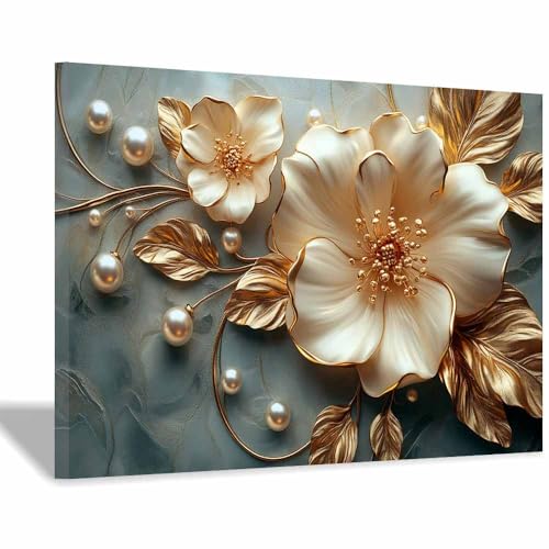 JOSUE 絵画絵ピンクホワイトゴールド抽象 キャンバス 輝く花 カラフルな 抽象アートワーク 絵 リビングルーム 寝室 オフィス ホーム装飾(ゴールド 30)-50x70cm 額入り