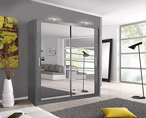 A.C. Milan Modern Double Mirror sliding door wardrobe with LED Light Width 100cm/120cm/150cm/180cm/203cm/250cm (203, Grey)