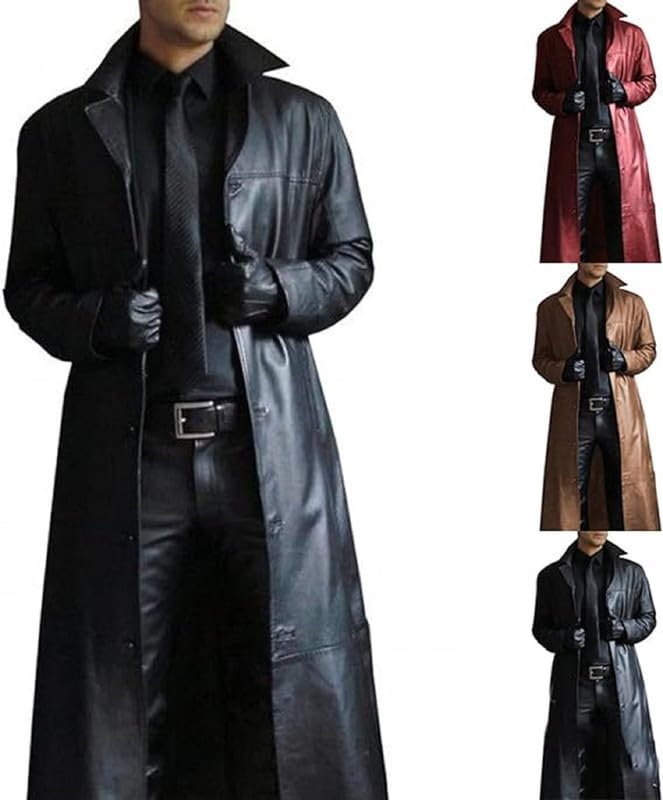 Mens Leather Trench Coat Full Length Black Classic Faux Leather Long Coat2