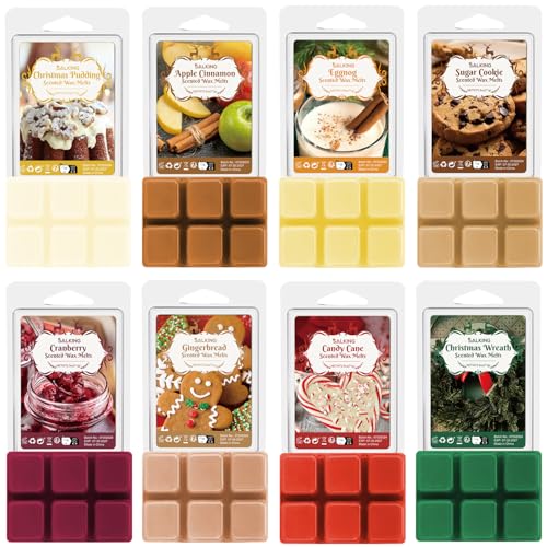 SALKING Fondants de cire parfumée d'Noël pour lampes parfumées, cire d'hiver fondante pour lampe à parfum, cire de soja, senteurs d'Couronne de Noël et pain d'épices, coffret cadeau pour Noël, 8 packs