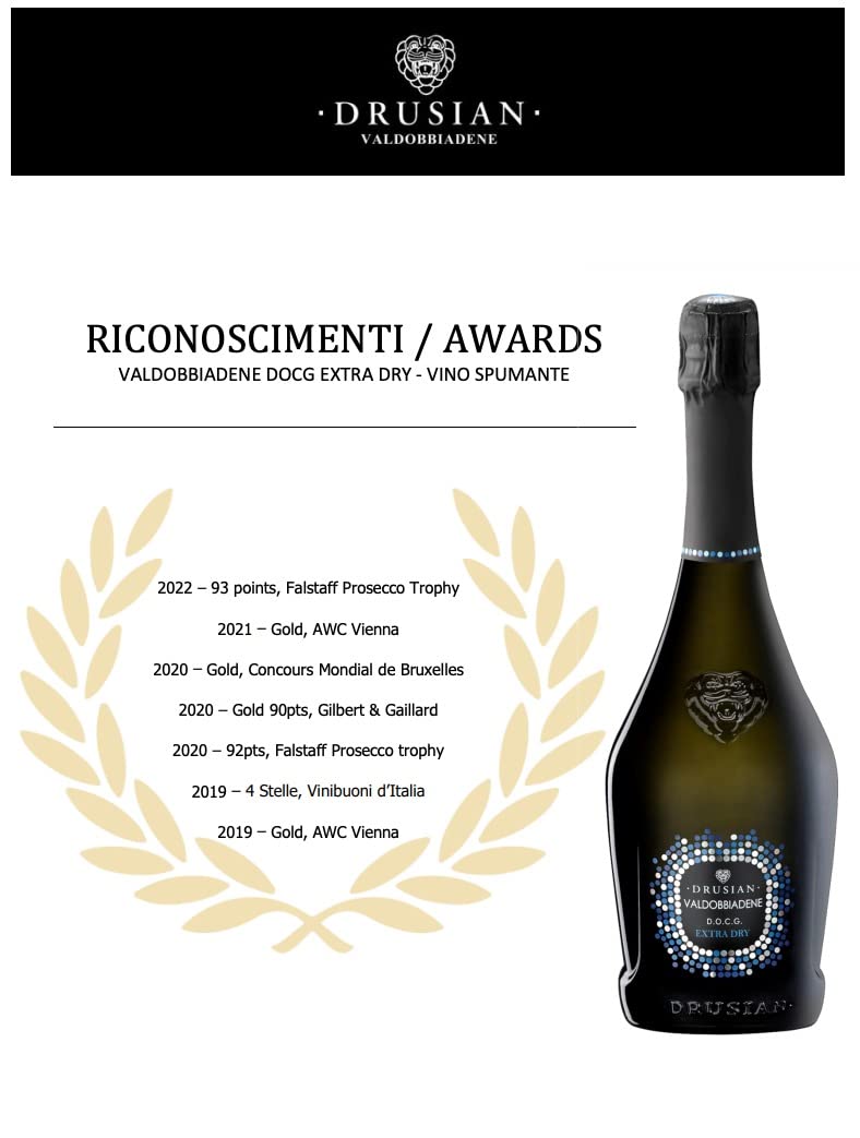 Drusian Valdobbiadene Prosecco Superiore DOCG Extra Dry - Spumante 100% Glera, Metodo Martinotti - Note di Mela Golden e Perlage Fine - Ideale per Aperitivi e Piatti di Pesce – 75cl (6 bottiglie)
