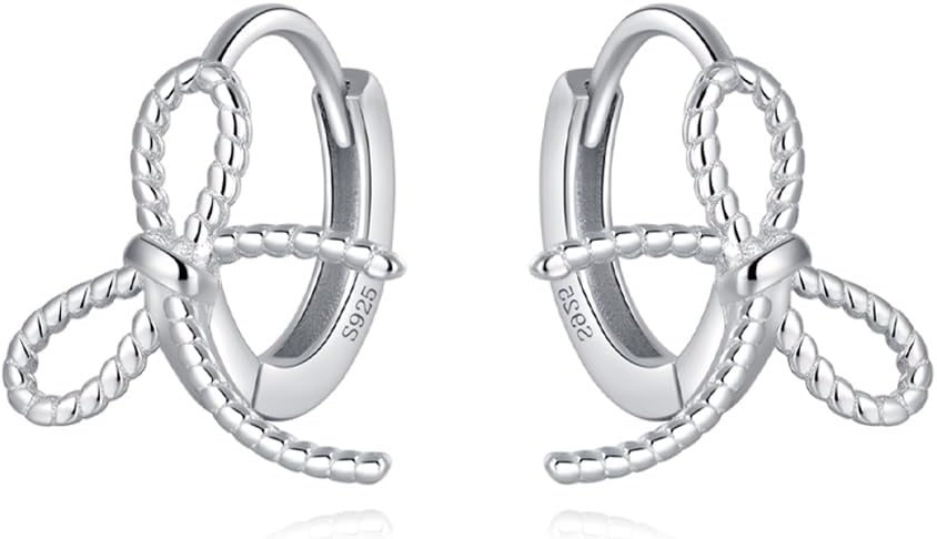 Reffeer Solid 925 Sterling Silver Bow Hoop Earrings Ribbon for Women Teen Girls Bowknot Hoop Earrings Huggie Cartilage Helix Earrings